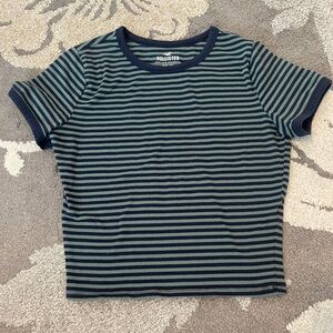 Hollister Blue and Green Stripe Baby Tee Crop Top Size M